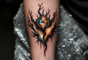 A fusion design of organic veins and metallic elements in jet black and bronze, blending with skin through shadowed transitions. tattoo idea