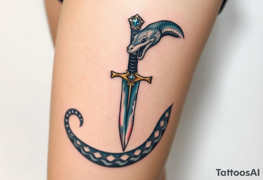 mystical snake coiled around an ancient dagger with jeweled hilt tattoo idea