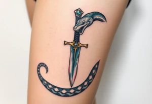 mystical snake coiled around an ancient dagger with jeweled hilt tattoo idea