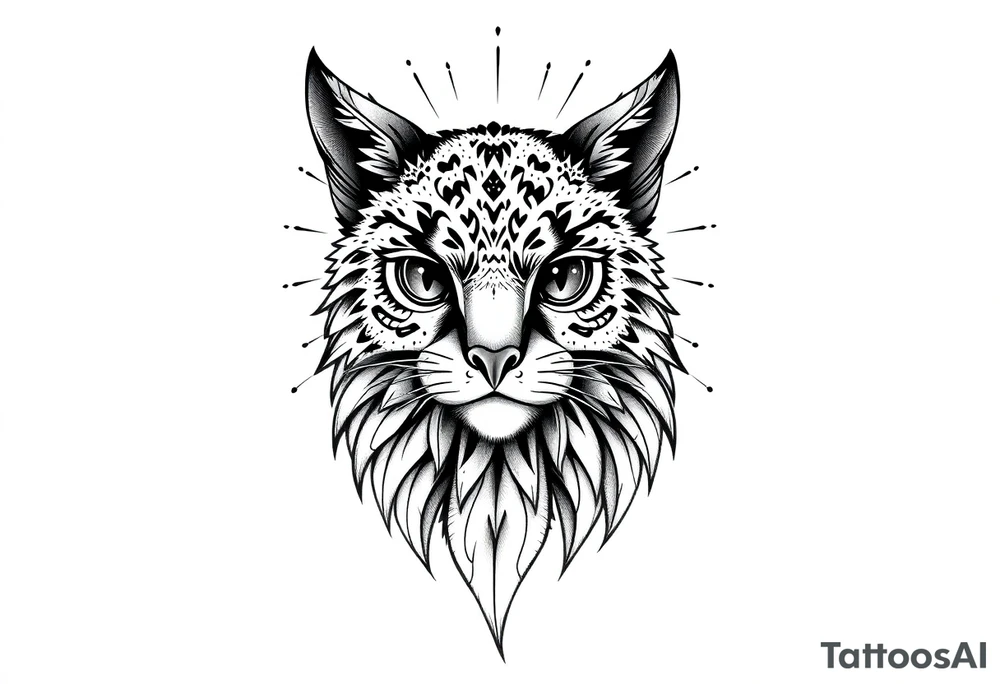 Um desenho em preto e branco de um pássaro estilizado, com aparência mística e detalhada. A arte é feita em estilo de tatuagem, com muitos traços finos, sombreamento em pontilhismo (dotwork) e formas geométricas. O pássaro tem olhos vazios e brilhantes, com penas estilizadas e sobrepostas em formas angulares e orgânicas. As asas e a cauda são longas, com detalhes intrincados que lembram padrões de penas de coruja ou falcão. A pose do pássaro é majestosa, com a cabeça voltada para frente e o corpo inclinado para o lado, como se estivesse empoleirado tattoo idea
