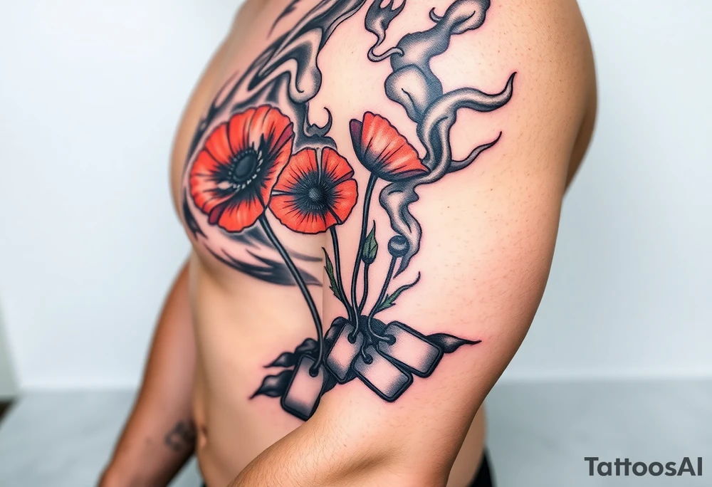 War zone with 2 poppy’s growing out of the smoke with dog tags laying on the ground tattoo idea