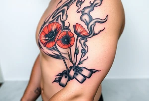 War zone with 2 poppy’s growing out of the smoke with dog tags laying on the ground tattoo idea