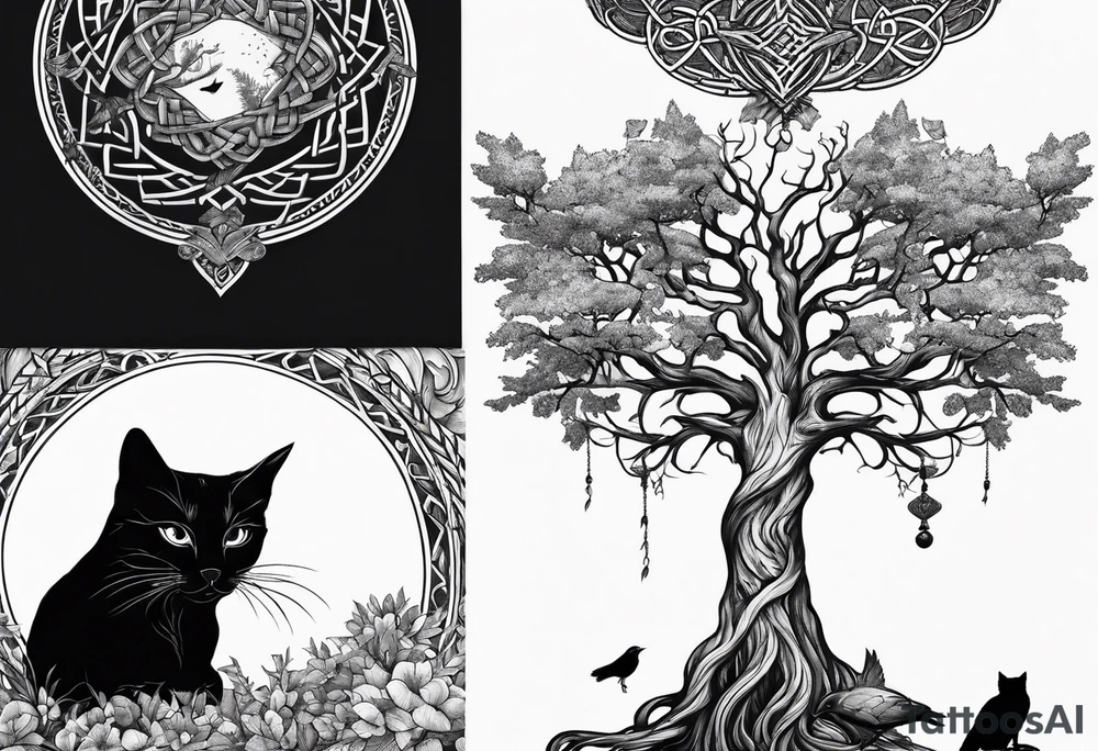 world tree with a cat and a raven and knotwork arm tattoo tattoo idea