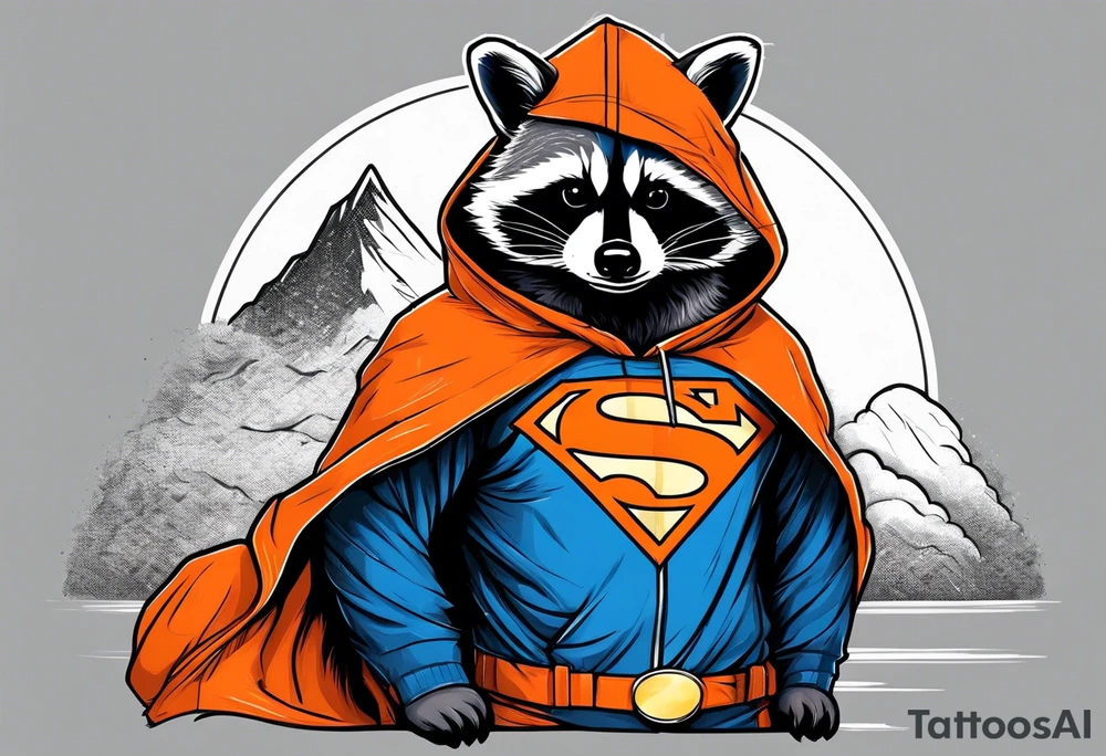 Raccoon wearing an orange Superman hoodie tattoo idea