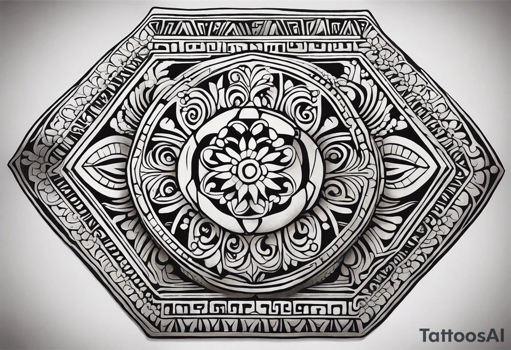 Create a masculine mayan tattoo design carved in stone featuring three flower buds of Gypsophila spp. The design should incorporate sharp, geometric patterns inspired by ancient Mayan glyphs and carvings, emphasizing strength and symmetry. The flower buds should be stylized with angular, bold lines, set within intricate, sacred Mayan motifs. The overall design should evoke harmony and balance, symbolizing the calming frequency of 432 Hz through symmetrical and flowing element tattoo idea