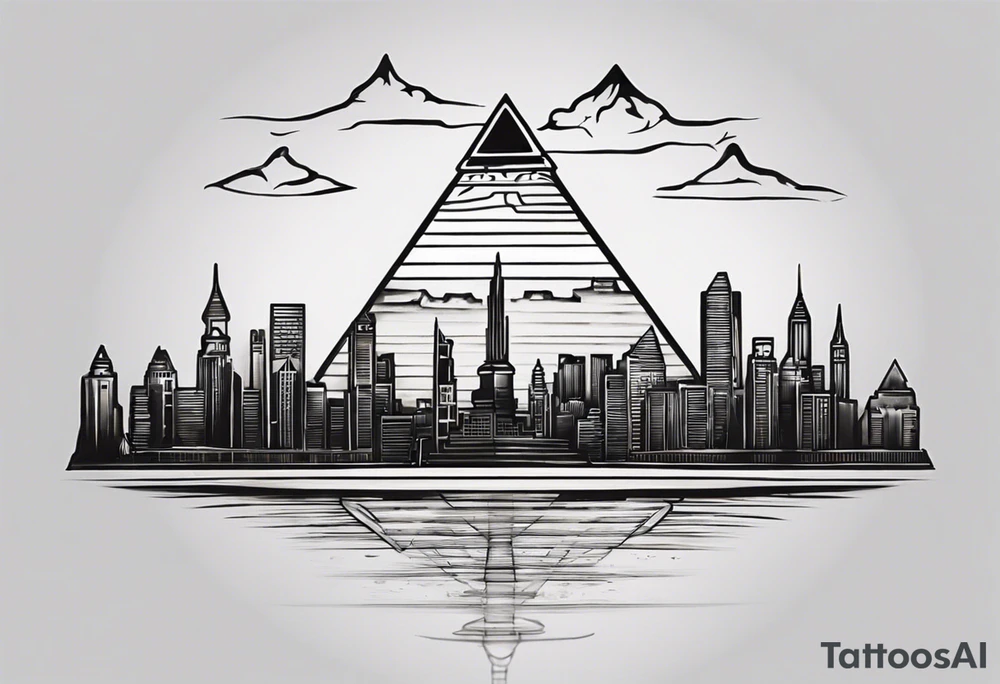 Create a visually dynamic tattoo that seamlessly blends the timeless elegance of the three Pyramids of Giza with the modern allure of the Manhattan skyline. Envision the pyramids standing majestically, perhaps incorporating subtle Egyptian motifs like hieroglyphs or an ankh, transitioning smoothly into the iconic structures of New York, such as the Empire State Building and One World Trade Center. tattoo idea