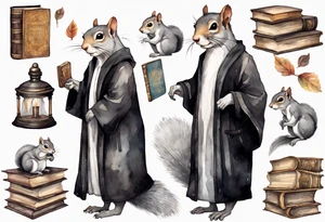 an elderly grey squirrel with a white beard and mustache wearing a black robe and spectacles standing in an ancient library tattoo idea