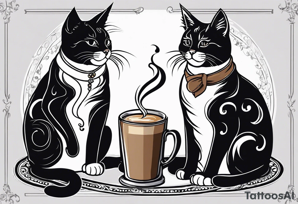 2 Coffee drinking Cats. One is black with white paws and a white tail tip. The other one is black and gray, classic tiger pattern. It should Look really french.
The cats are drinking coffee in a french bistro. They should wear barrets and there should be a baguette somewhere. tattoo idea