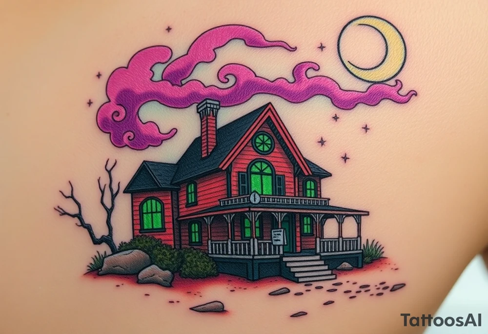 Tim Burton’s haunted pastel beach home is abandoned and dripping with muted reds, dusty pinks, and eerie green glow.purple and cyan smokey clouds swirl in the crescent moonlit sky thats sprinkled with stars tattoo idea tattoo idea