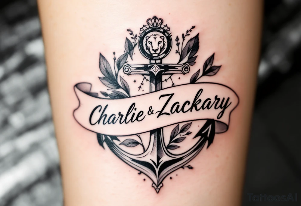 Design a small tattoo that artfully integrates the names "Charlie" and "Zackary" in elegant, intertwined cursive lettering. Surround the names with a bold, powerful symbol that conveys strength, unity, and protection—such as a shield, anchor, or lion emblem. The design should balance delicate script with a commanding central motif, creating a harmonious and meaningful piece perfect for a discreet placement like the wrist or inner forearm. tattoo idea