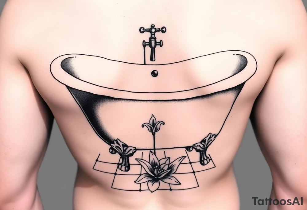 clawfoot bathtub with simple faucet and lily coming up out of the tile floor tattoo idea