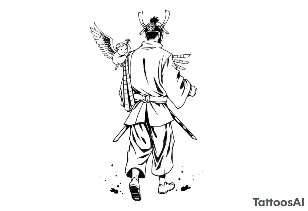 A blackwork tattoo depicting a samurai walking forward from behind. The samurai is dressed in a traditional kimono and hakama, holding two long katanas in a relaxed yet combat-ready stance. A small angel with detailed feathered wings is pushing him from behind. Strong contrast, dynamic ink splashes, sumi-e brushstrokes, a minimalist white background, dramatic lighting, an emotional and symbolic composition, and highly detailed linework. tattoo idea
