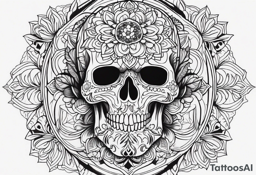 Draw me a realistic skull with black smoke out of his mouth add some flowers underneath with some mandalas at the bottom tattoo idea
