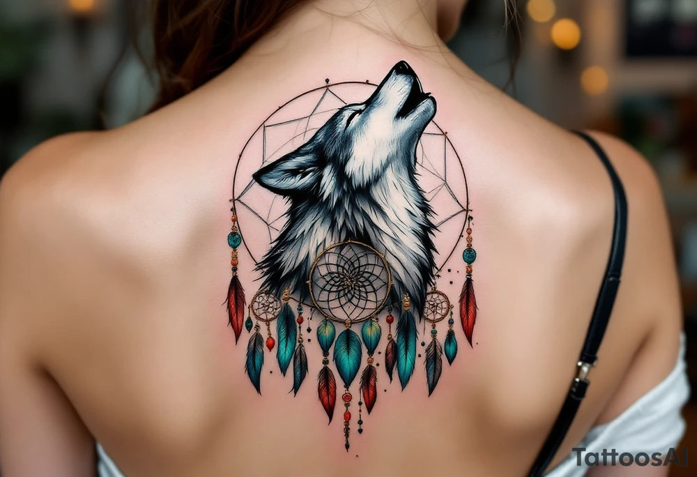 A majestic wolf howling in front of a dreamcatcher. The wolf is surrounded by dangling feathers and colorful beads that represent protection and guidance. A mix of earthy browns, dark greys for the wolf, and vibrant colors like deep red, turquoise, and gold for the feathers and beads. tattoo idea