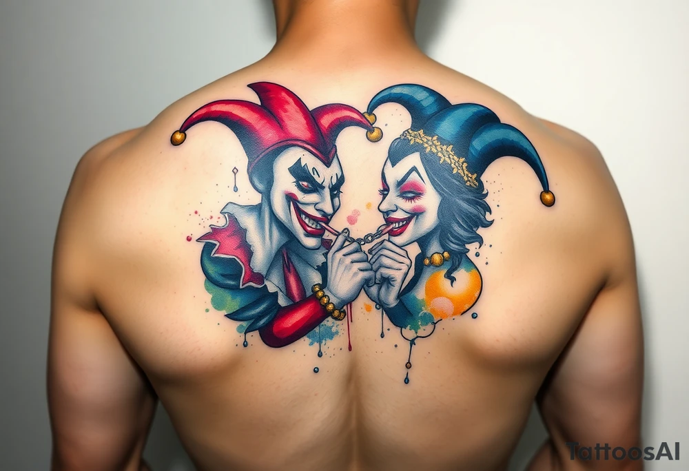 a toxic power jester couple holding each other with cheeks being pulled to force smile tattoo idea