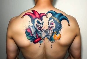 a toxic power jester couple holding each other with cheeks being pulled to force smile tattoo idea