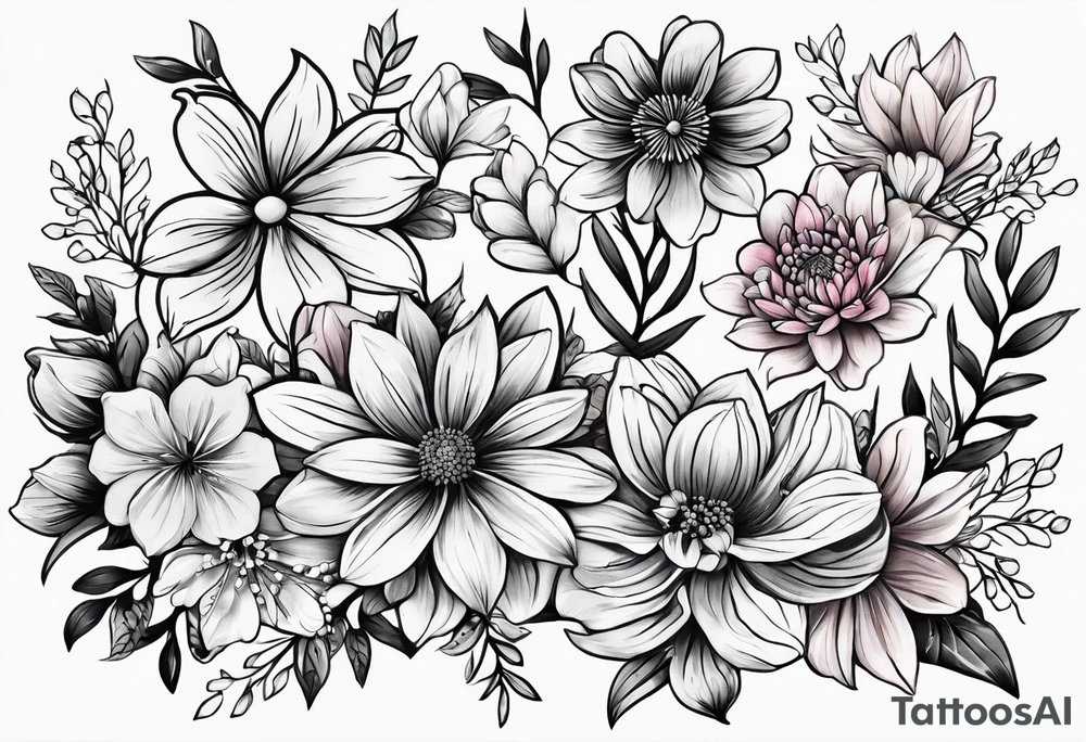 Small tattoo flower bunch using July flower, November flower, May flower, May flower, August flower and February flower tattoo idea