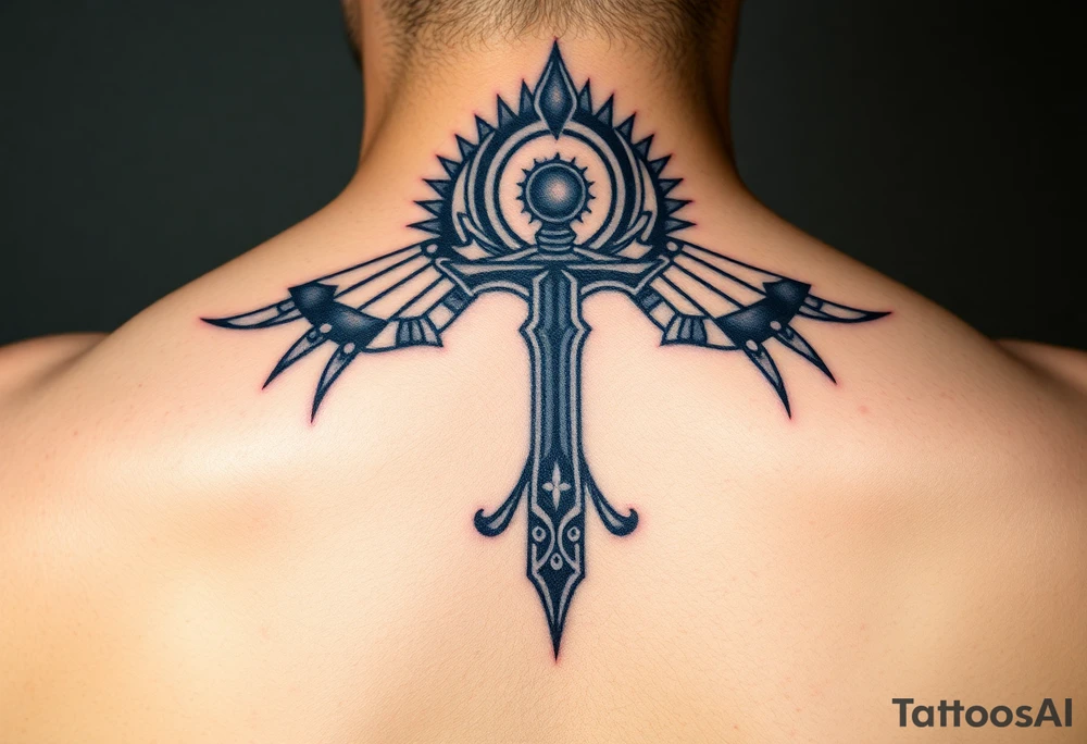 Black ankh with small details tattoo idea