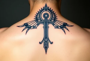 Black ankh with small details tattoo idea