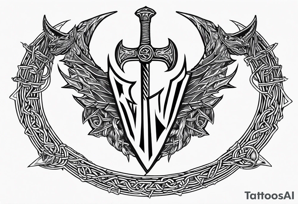 Valhalla sword shield dragon axe Valknut barbed wire chains tattoo idea Valhalla sword shield dragon axe Valknut barbed wire chains tattoo idea