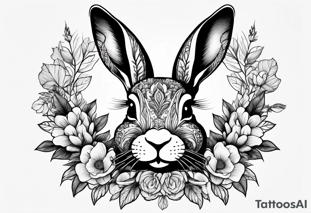 Realistic rabbit head in the middle of realistic flowers and leaves tattoo idea