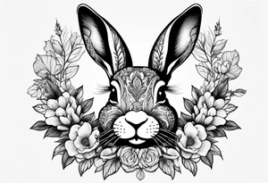 Realistic rabbit head in the middle of realistic flowers and leaves tattoo idea