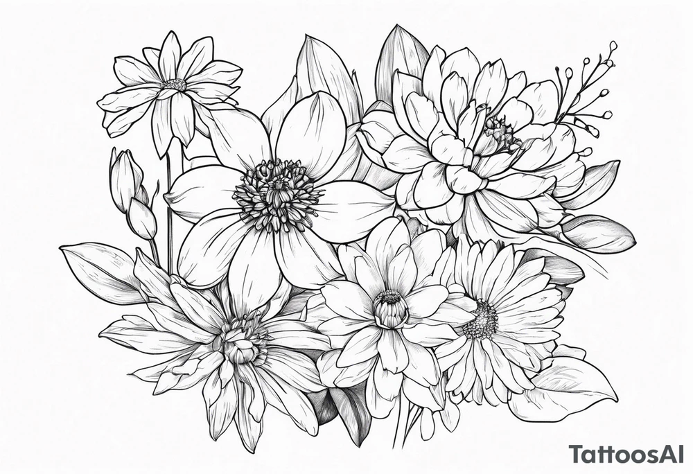 Narcissus, CHRYSANTHEMUM, COSMOS, SNOW DROP in a bouquet tattoo idea