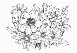Narcissus, CHRYSANTHEMUM, COSMOS, SNOW DROP in a bouquet tattoo idea