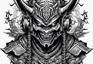 Angry robot demon ninja with demon mask with sword tattoo idea