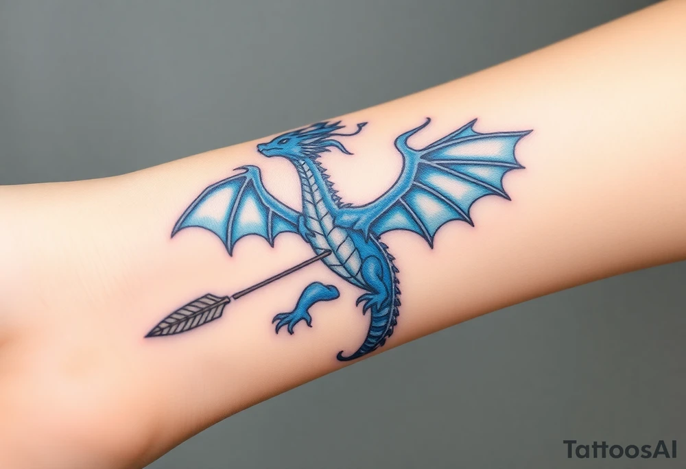 Blue fire breathing dragon with wings spread and an arrow through its chest tattoo idea