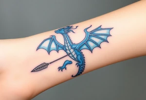 Blue fire breathing dragon with wings spread and an arrow through its chest tattoo idea