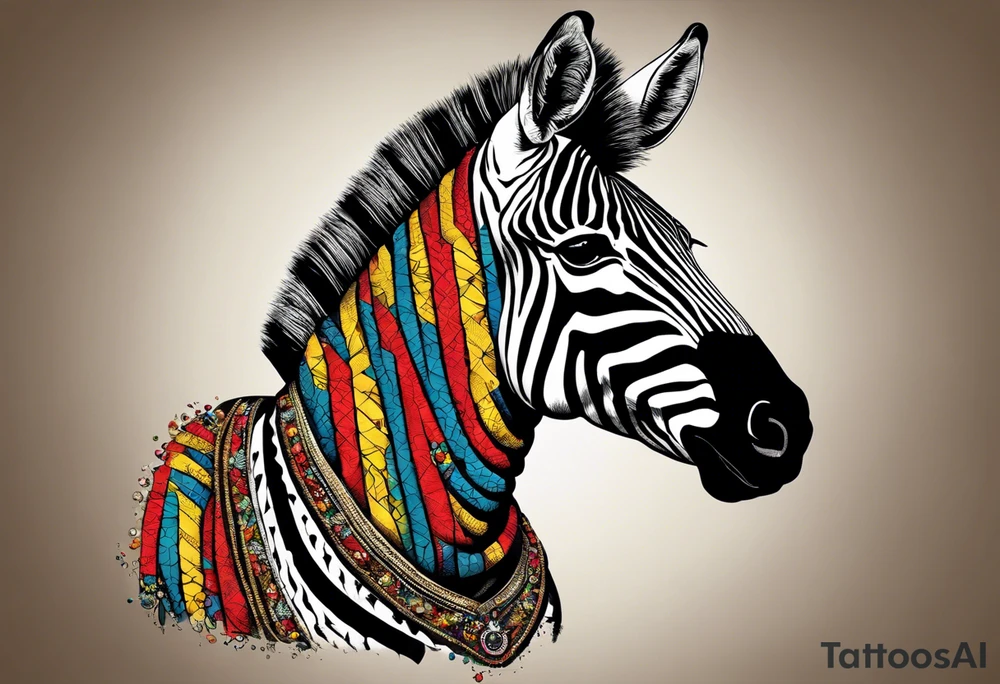 Portrait of a zebra wearing regal clothing, vintage looking, but its main is coloured brightly the same as autism awareness. I want the zebra too almost look human and to be bursting out of a jigsaw piece tattoo idea