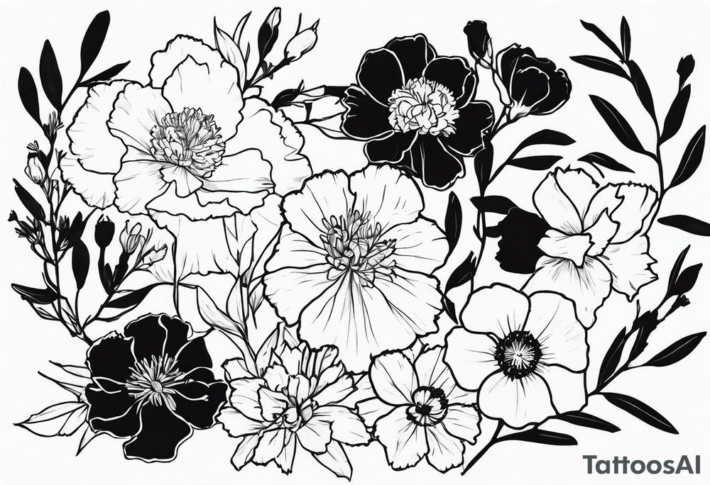 Carnations, aster, daffodil, poppy, hawthorn, larkspur tattoo idea