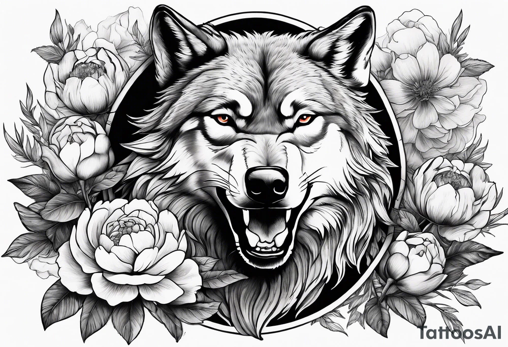 Woodland scene of wolf fighting with peonies and smoke tattoo idea