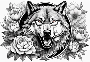 Woodland scene of wolf fighting with peonies and smoke tattoo idea