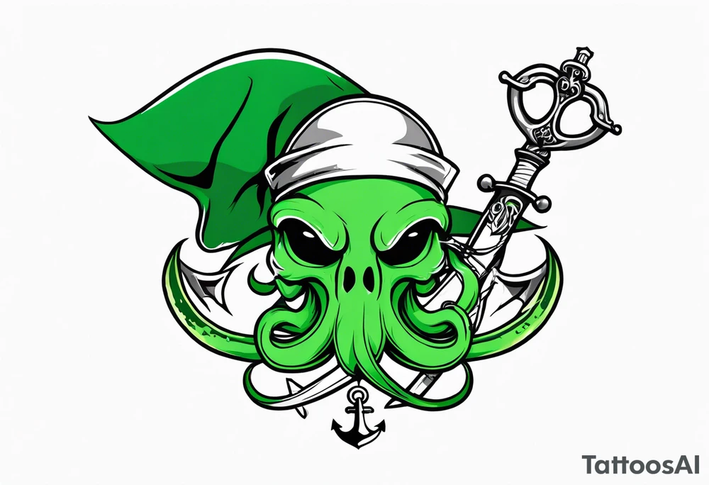 green pirate squid holding sword and anchor tattoo idea