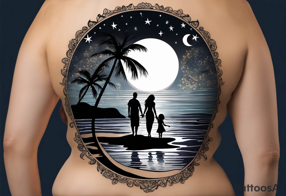 Create a stunning image of a realistic tattoo design that features a husband and wife holding hands, accompanied by their two children, walking along a beautiful beach. The moon shines radiantly in the night sky, illuminating the serene scene. Let your creativity flourish as you envision the intricate details that bring this tattoo to life, encapsulating the essence of love, family, and the awe-inspiring beauty of nature. tattoo idea