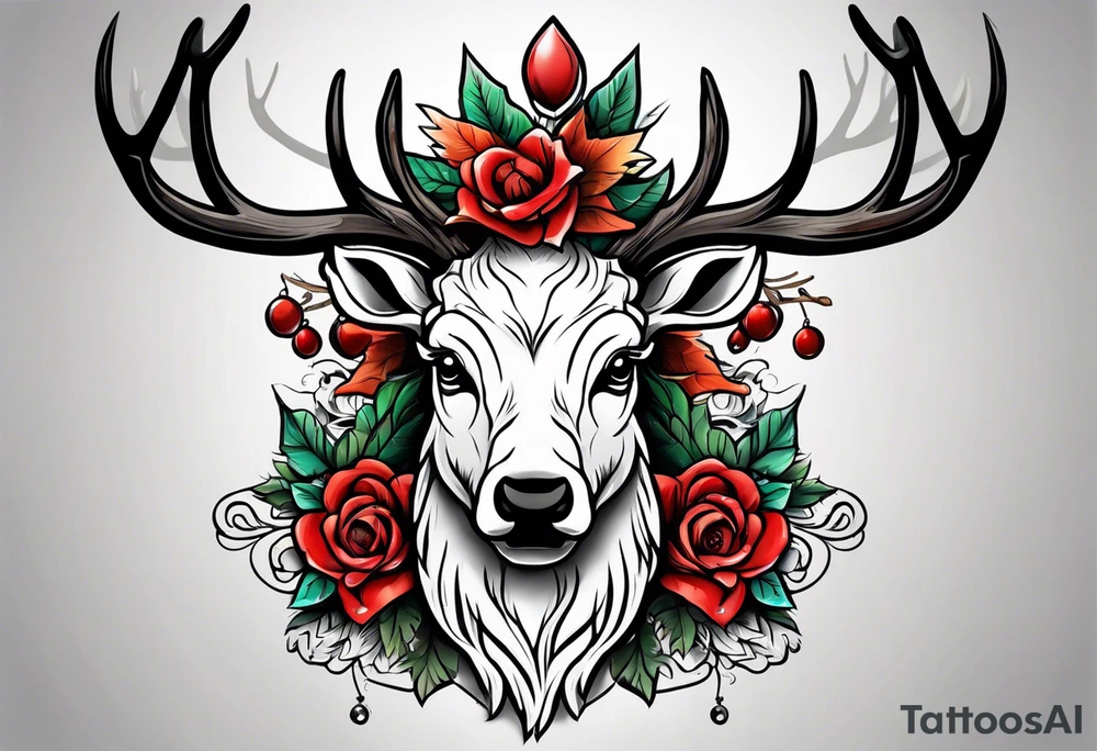 back tattoo of a front view reindeer with half the face as a skull tattoo idea