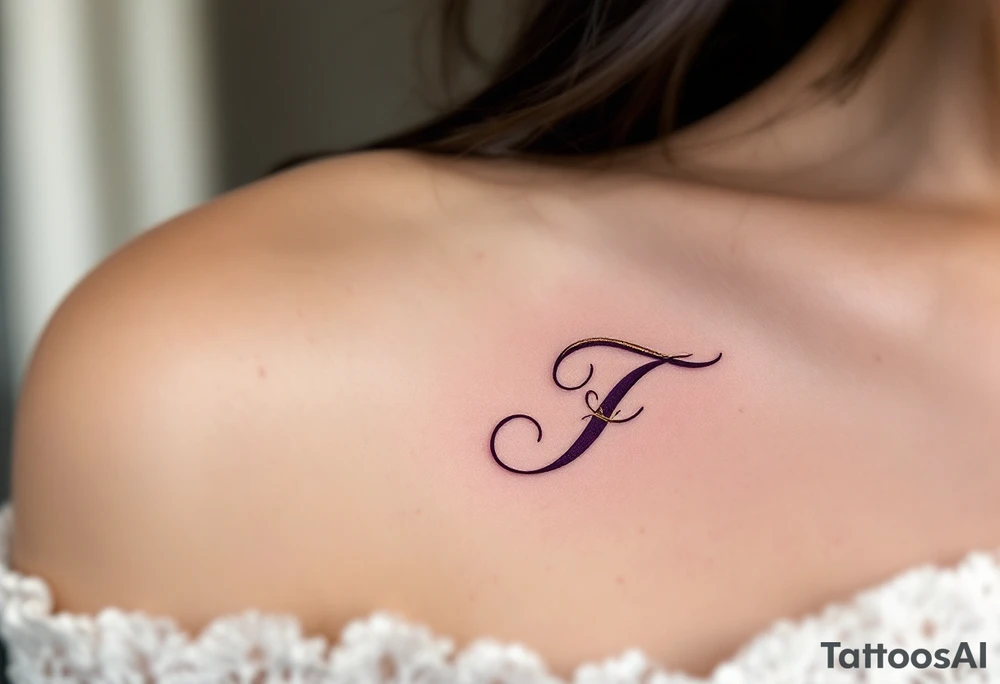A bold calligraphy "T" in deep plum ink with gold accents curling around its edges. tattoo idea