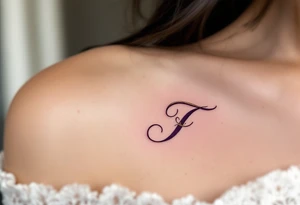 A bold calligraphy "T" in deep plum ink with gold accents curling around its edges. tattoo idea