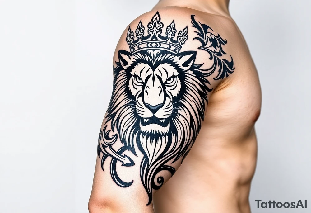 majestic lion wearing ornate crown, surrounded by baroque flourishes tattoo idea