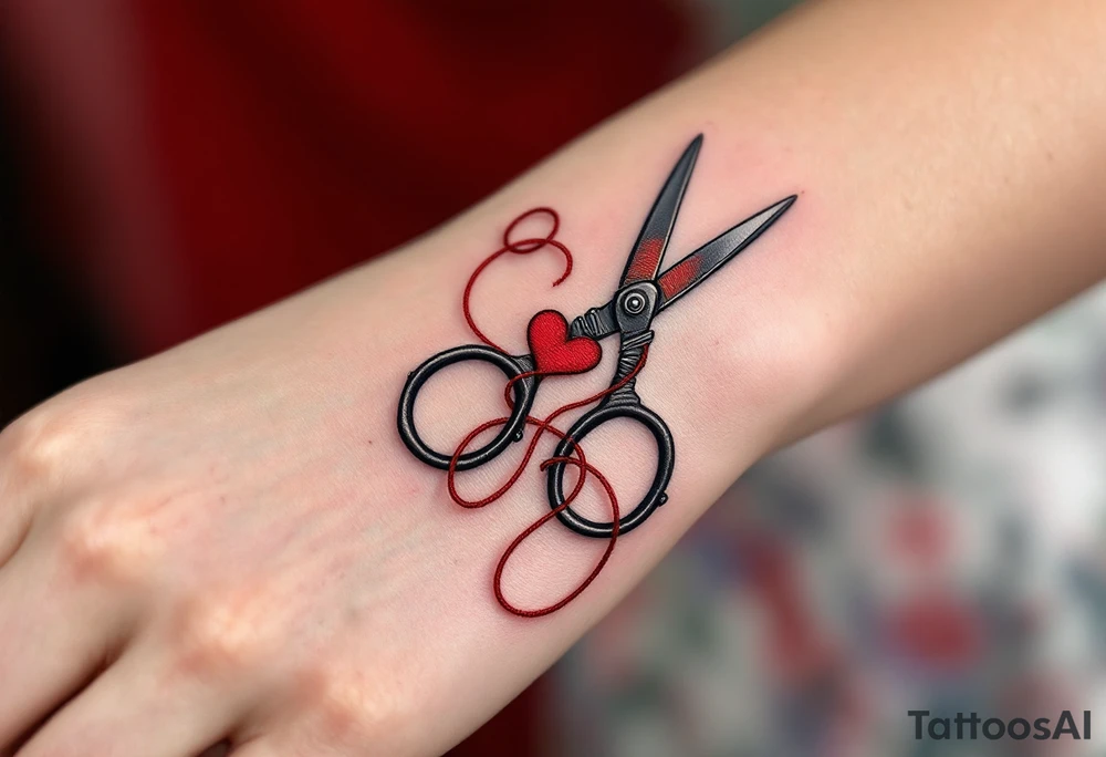 Scissors and Thread Tattoo – A pair of scissors cutting through red thread, with the thread flowing and forming into a heart, symbolizing love and the connection between people. The red stands out against dark gray scissors. tattoo idea