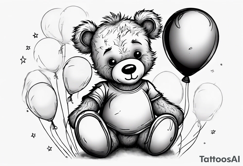 Scruffy teddy bear holding on to balloons and wearing a T-shirt saying dream going up to the sky tattoo idea