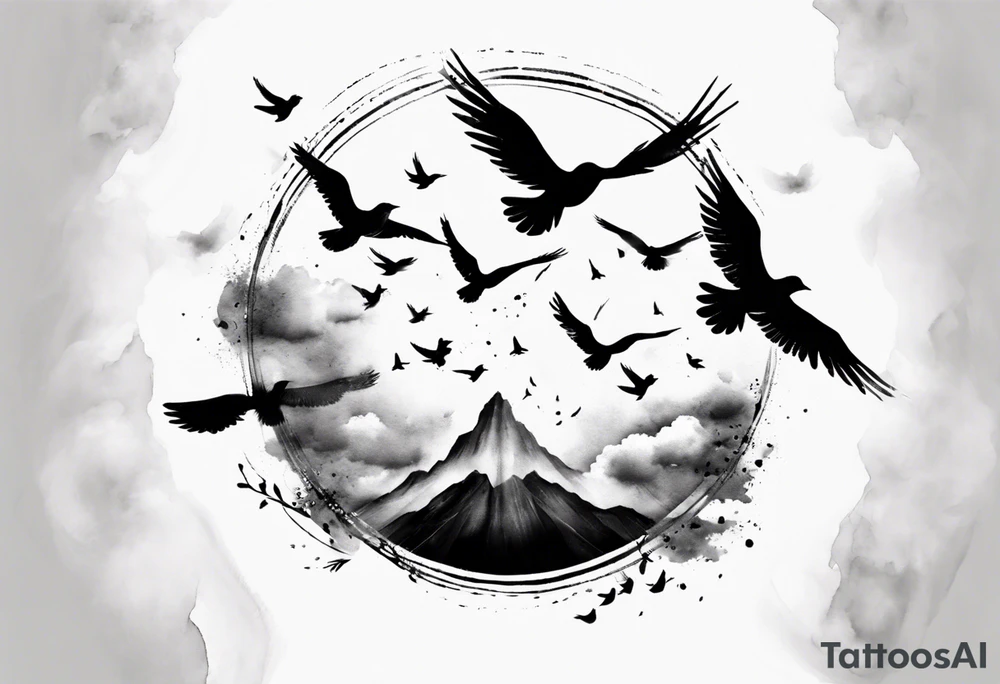 shoulder tattoo with light rays with birds flying free among the clouds, round shape, 3d effect tattoo idea shoulder tattoo with light rays with birds flying free among the clouds, round shape, 3d effect tattoo idea