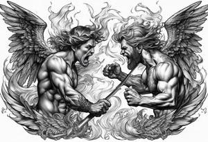 Angels fighting demons over fire with sills in the background tattoo idea