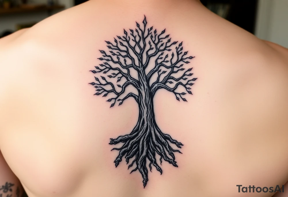 mystical tree of life with cosmic roots and celestial branches tattoo idea