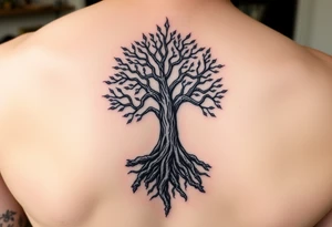 mystical tree of life with cosmic roots and celestial branches tattoo idea