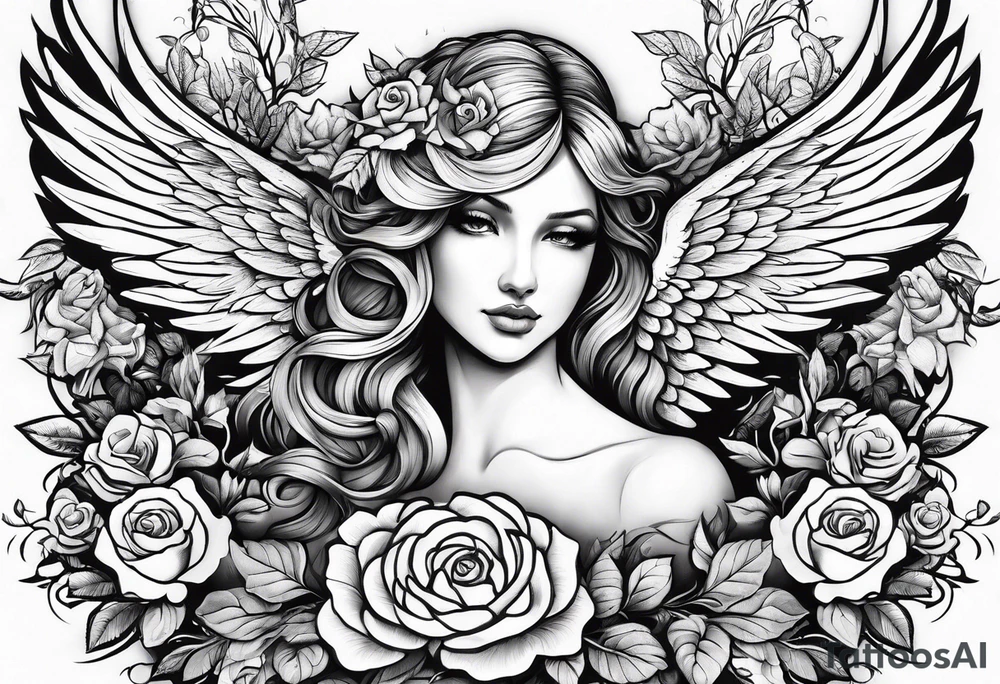 angel wing with roses and plants tattoo idea