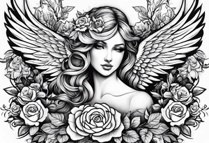 angel wing with roses and plants tattoo idea
