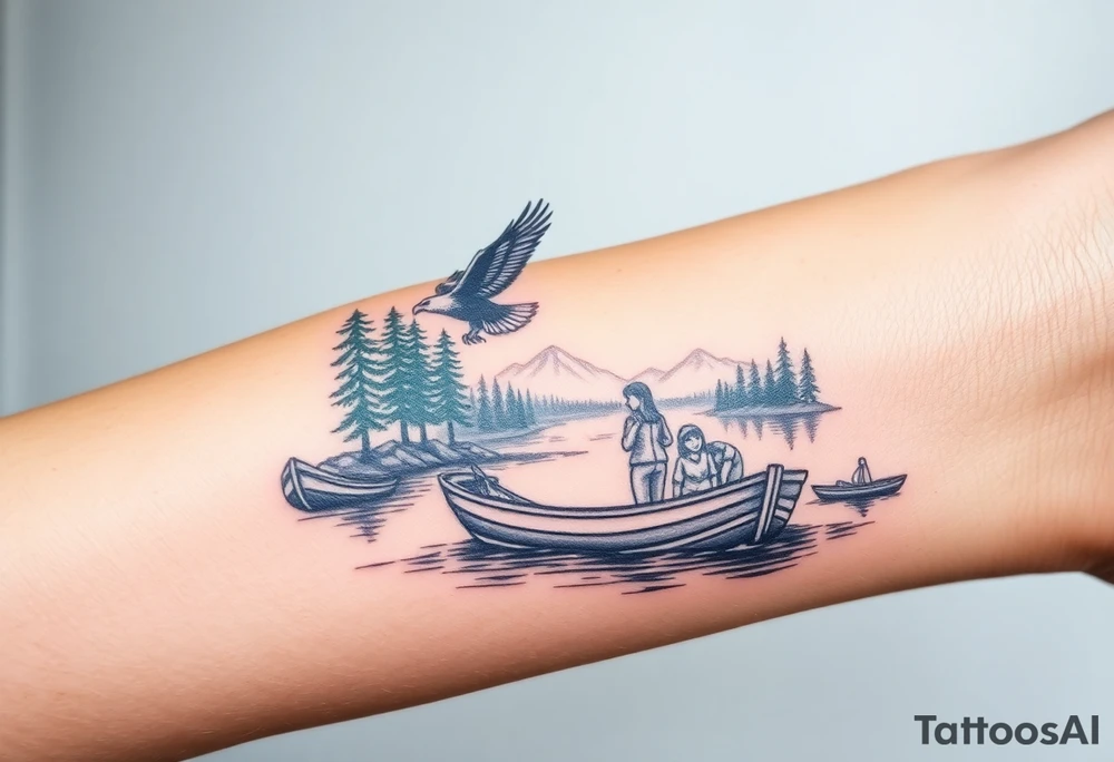 Northern river with evergreen along side river with a fishing boat with two with eagle flying in the sky and women and girl sitting on doc back facing tattoo idea